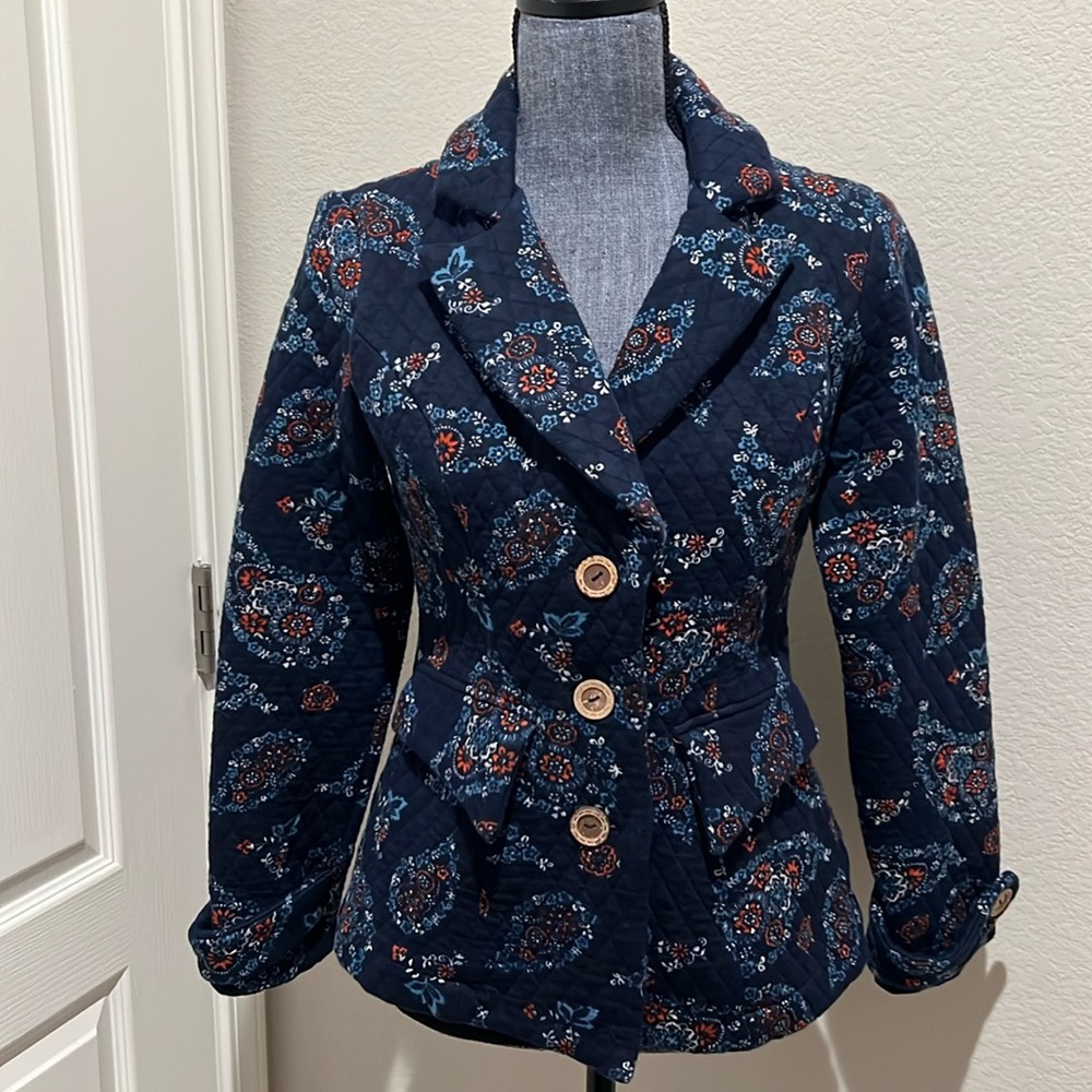 Nick & Mo Anthropologie Quilted Button Up Collar Floral Blazer